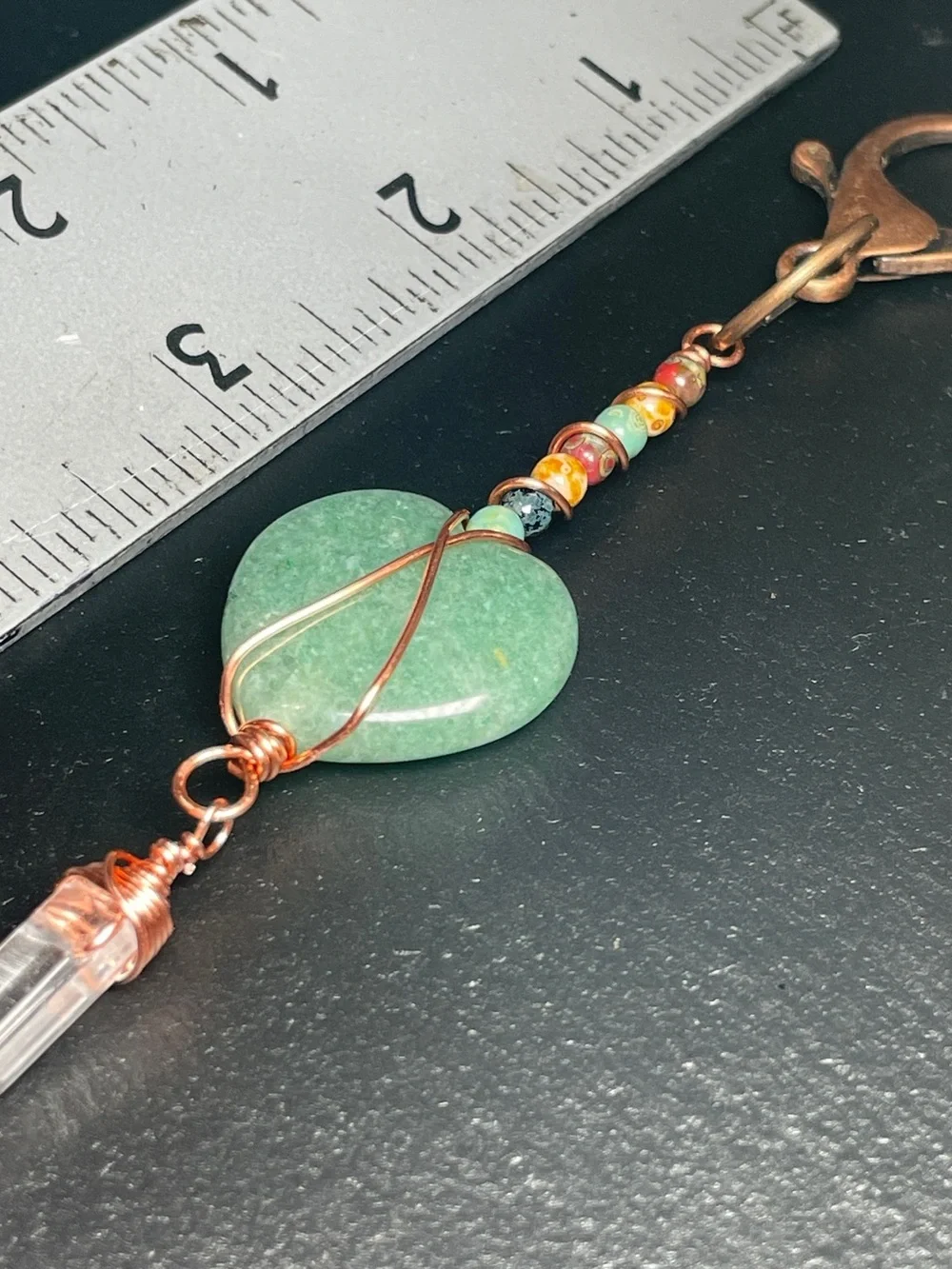 Handmade Aventurine Heart Keychain with Clear Quartz Point